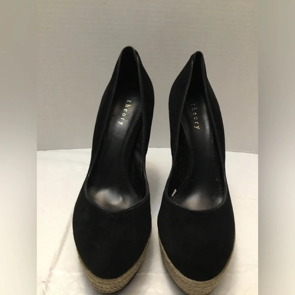 Theory Black Espadrille Wedge Pumps